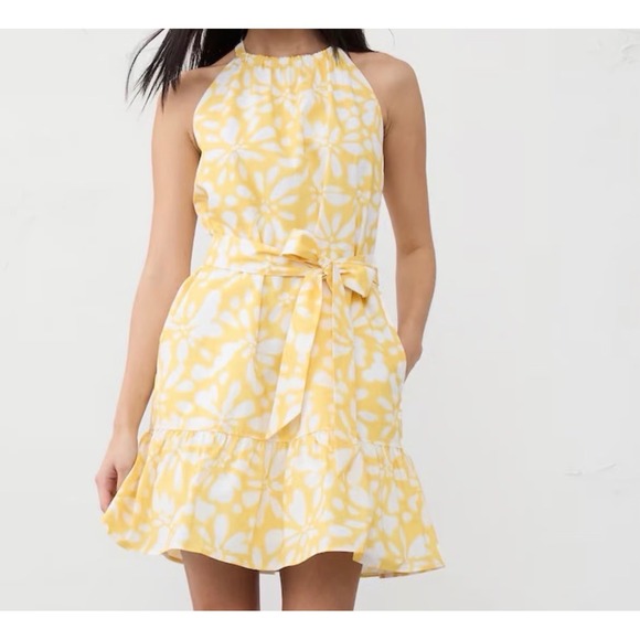 Banana Republic Dresses & Skirts - Banana Republic Poplin Floral Halter Dress M Yellow White Ruffle Pockets Coastal